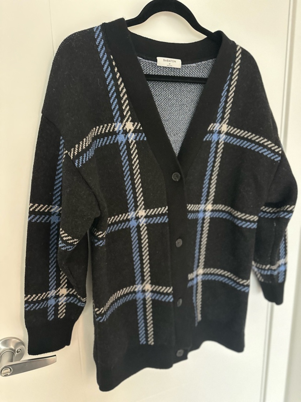 Aritzia Babaton Lacer Cardigan 100% Merino Wool Plaid V-Neck Button Sweater